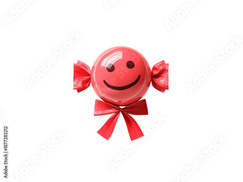 Smiling red candy with ribbon and shine smile happy