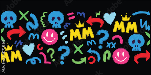 Colorful symbols and emojis on black background skulls smiley faces crowns question marks arrows