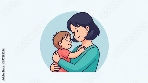 Mother hugging toddler in teal shirt with love and care