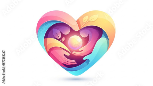 Heart shaped hands holding love symbol with colorful gradient