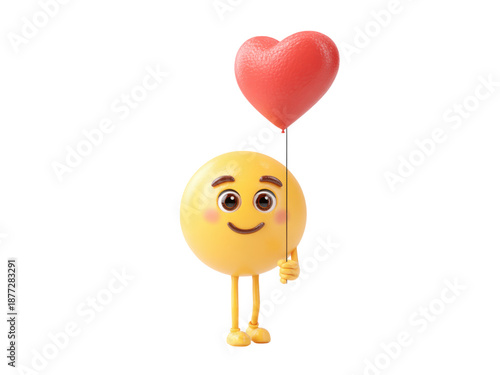Cheerful yellow emoji character holding a red heart balloon image
