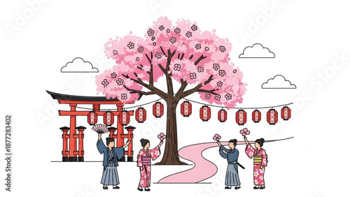 Women in kimono celebrate under blooming pink cherry blossom tree