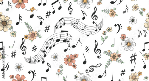 Musical notes and symbols combined with hand drawn flowers and leaves in a seamless repeating pattern on a white background.