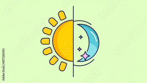 Day and night symbol sun and moon phases on green background