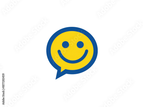Yellow smiley face inside blue speech bubble icon image