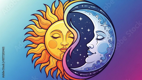 Sun and moon faces in yin yang symbol with gradient background