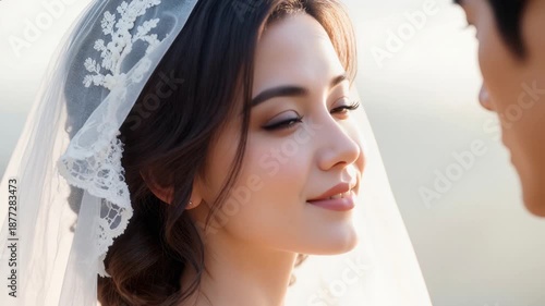 Happy Bride Smiling in Elegant Wedding Dress, True Love and Romance