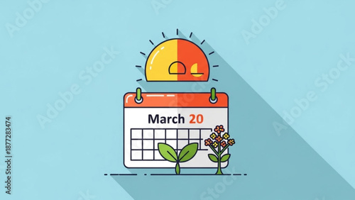 Spring calendar march 20th with blooming flowers and sunshine