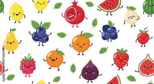 Seamless pattern of cute cartoon fruit characters including oranges, berries, melons, and strawberries with happy smiling faces.