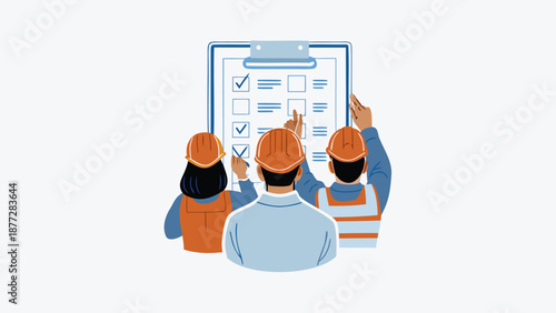 Team of construction workers reviewing checklist on clipboard together