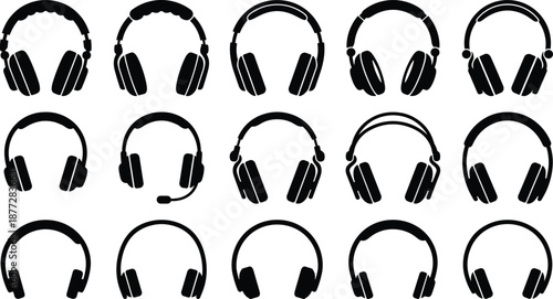 Collection of headphone silhouettes in various modern designs, black audio headset icons arranged in rows, isolated on white background for music, sound, and technology concepts