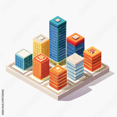 Vibrant cityscape with colorful buildings on a circuit board base