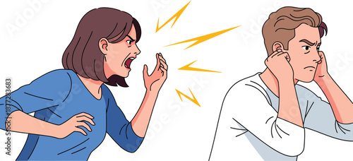 Furious woman in a blue shirt aggressively shouting at a man covering his ears during an argument.