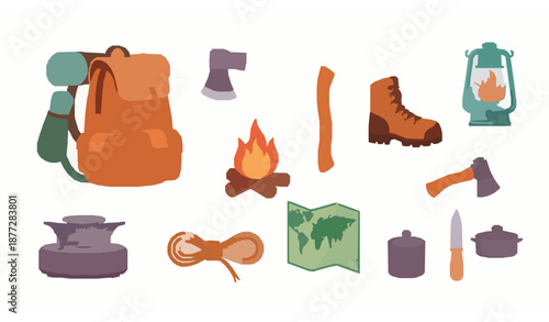 Set of adventure travel and camping items with hiking and picnic equipment flat vector illustration
