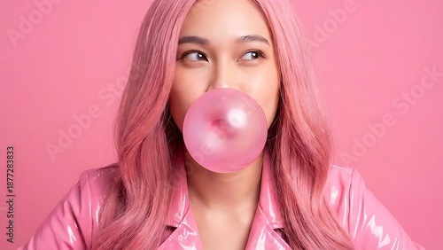 Wallpaper Mural Young woman with vibrant pink hair and matching jacket blowing a large pink bubble gum bubble against a solid pink background. Torontodigital.ca