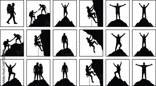 Adventure silhouettes set featuring climbers hiking teamwork success on mountain peaks isolated on white background vector illustration collection design concept