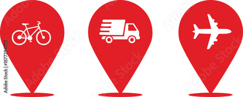 Transportation location pin icons vector illustration bicycle delivery truck and airplane markers for travel and logistics design