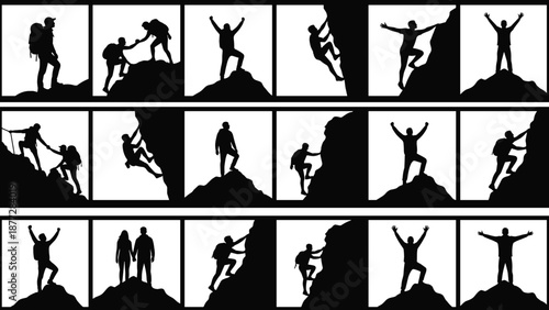 Adventure, silhouette collection showing climbers teamwork success reaching mountain summits isolated on white background vector illustration set inspirational leadership concept