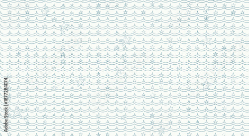 Light blue marine pattern consisting of wavy ocean lines and small starfish symbols for a nautical themed background design.