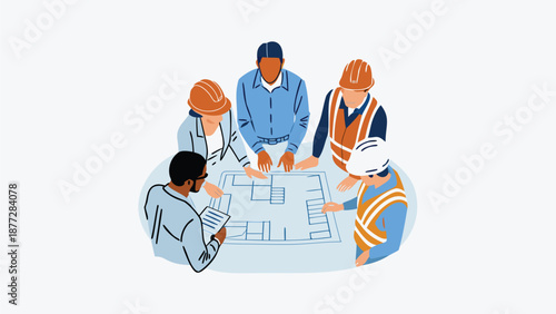 Diverse construction team collaborating on building plans