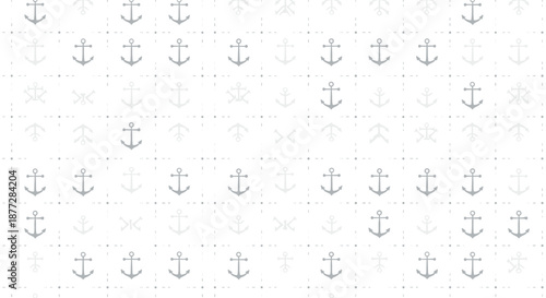 Nautical anchor pattern in shades of gray on a light grid background suitable for maritime themes, sailing, and seafaring decor.