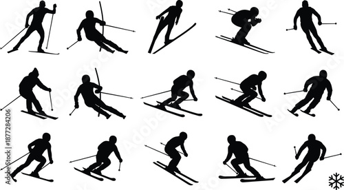 Collection of alpine skier silhouettes in dynamic downhill and slalom poses, winter sports athletes skiing with poles, black figures isolated on white background
