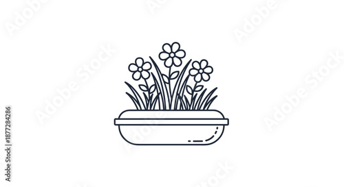Potted flowers in a planter box featuring three blooming daisies and grass shown in a simple black and white line art style.