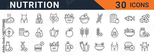 Comprehensive set of thirty outline vector icons representing various aspects of healthy nutrition, diet planning, food restrictions, and wellness goals for digital projects.