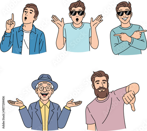 Set of diverse cartoon men showing various emotions and hand gestures like pointing and thumbs down.