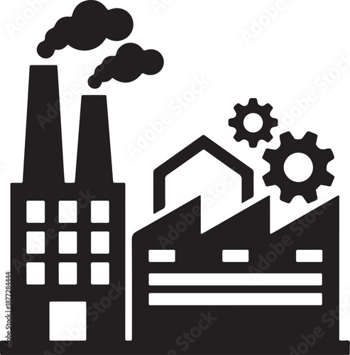 Industrial factory with smokestacks and gears in black silhouette