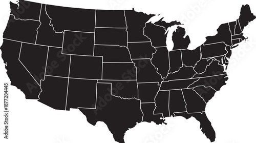 Black silhouette map of United States with state borders