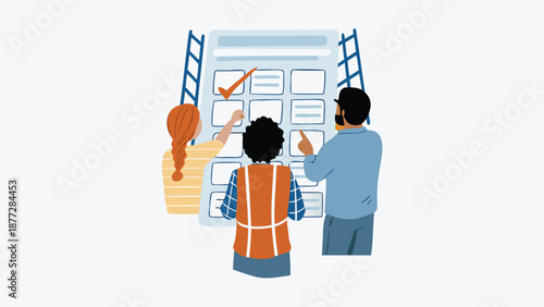 Team collaborating on large blueprint with ladder access