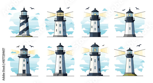 Collection of eight unique lighthouse designs standing tall against a cloudy sky and sea background with small birds flying around.