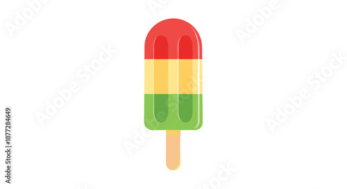 Three-layered fruit popsicle on a wooden stick features vibrant red yellow and green colors representing different refreshing flavors.