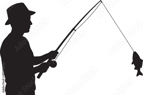 Man fishing with silhouette profile catching fish