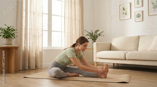 Young woman doing yoga stretching in minimal living room, soft natural window light, warm tones, realistic body proportions, calm wellness mood, clean décor, high-detail lifestyle image.