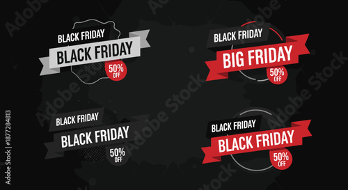 Set of Black Friday promotional banners with red and white ribbons offering fifty percent discounts on a dark textured background.