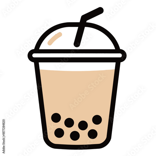 Bubble tea cup with tapioca pearls and straw vector icon.