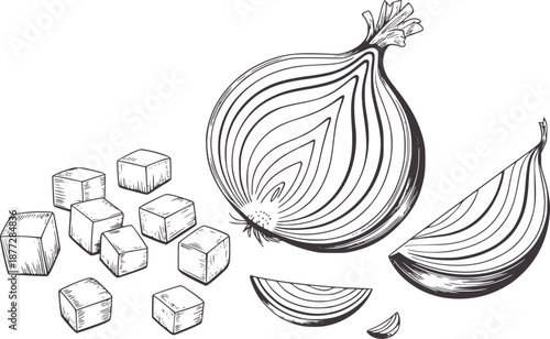 Black and line of whole onion diced slices and wedges food vegetable ingredient cooking