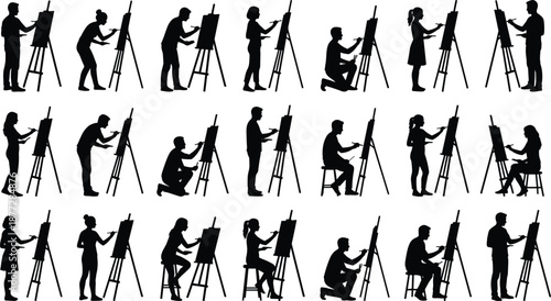 Artist painting silhouettes, people drawing on easels, creative process, art class, studio activity, illustration set, vector, education, hobby, creativity, design