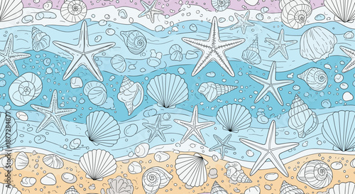 Decorative seamless pattern of various seashells and starfishes on a sandy beach background with light blue ocean waves and bubbles.