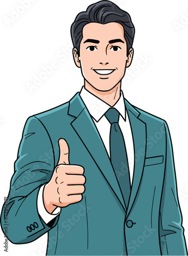 Smiling businessman in a teal suit giving a confident thumbs up gesture.