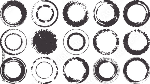 Collection of fourteen distressed black circular grunge stamp textures circle