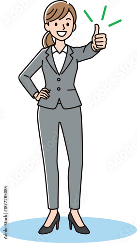 Smiling Businesswoman in Grey Pantsuit Giving a Confident Thumbs Up.