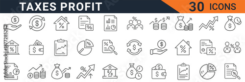 A comprehensive vector graphic icon set illustrating various financial concepts related to taxes, profit calculation, monetary exchange, investment growth, and banking documentation design elements.