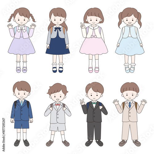 入学式にフォーマルな服装をしたかわいい子供達のベクターイラスト。男の子、女の子、小学生