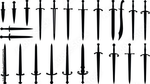 Collection of medieval sword and dagger silhouettes in various historical designs, black weapon icons arranged in rows, isolated on white background for fantasy and combat concepts