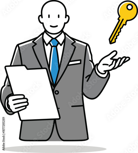 Smiling cartoon businessman in a grey suit holding a clipboard and presenting a golden key.