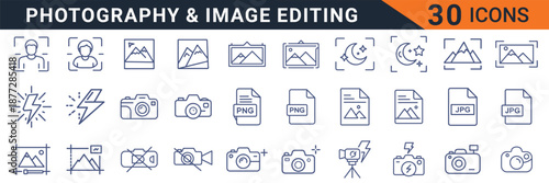 A comprehensive set of thirty minimalist outline vector graphic icons depicting various photography and digital image editing concepts for creative projects.