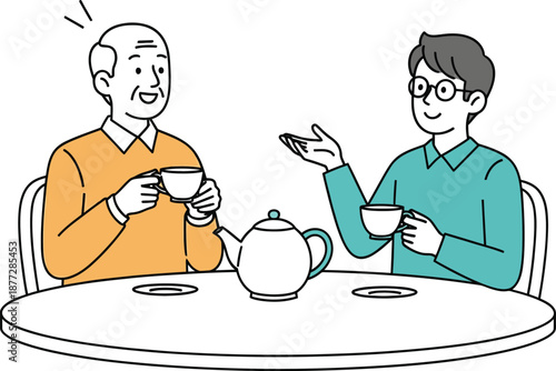 Two men a senior and a younger man with glasses happily conversing over a pot of tea in a line art style.